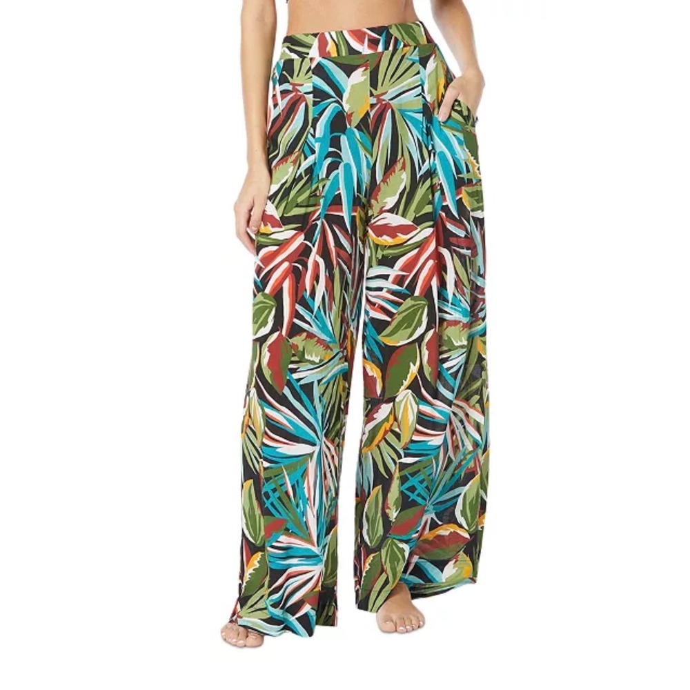 Vince Camuto‎ Swim Tropical Palm Print Wide Leg Cover Up Pants Green Red Sz L